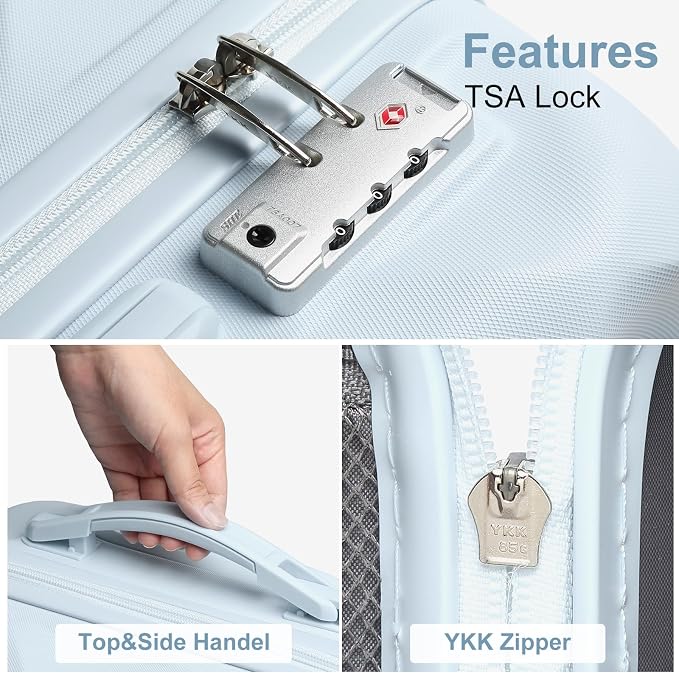 Somago Luggage Sets 20in Carry on Suitcase with TSA Lock YKK Zipper Spinner Wheels ABS Hardside Luggage 3 Piece Weekender Bags Travel Set, Light Blue - Image 3