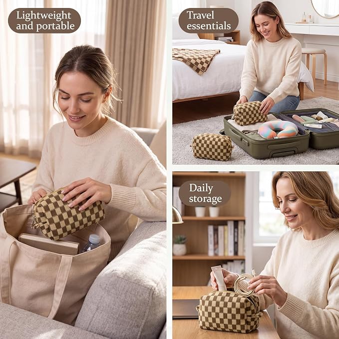 Gilprop 12 Pcs Checkered Makeup Bag for Purse Small Cosmetic Pouch Bulk Portable Zipper Makeup Pouch Travel Toiletry Organizer Gifts for Women Bridesmaid Wedding Party Favors (Brown) - Image 5