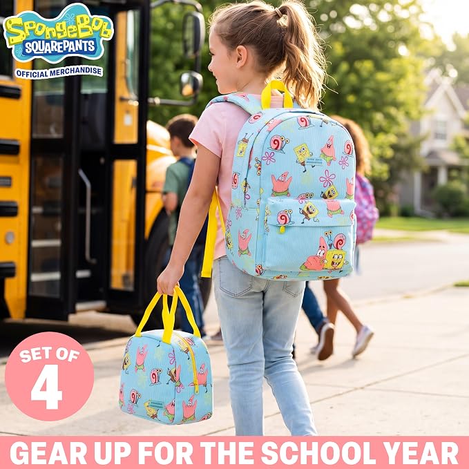 Get Trend SpongeBob SquarePants Girls Corduroy Backpack 4 Piece Set | 17 inch Bookbag with Laptop Pocket, Insulated Lunch Bag, Pencil Case & Lanyard, Back to School Gifts for Girls - Image 2