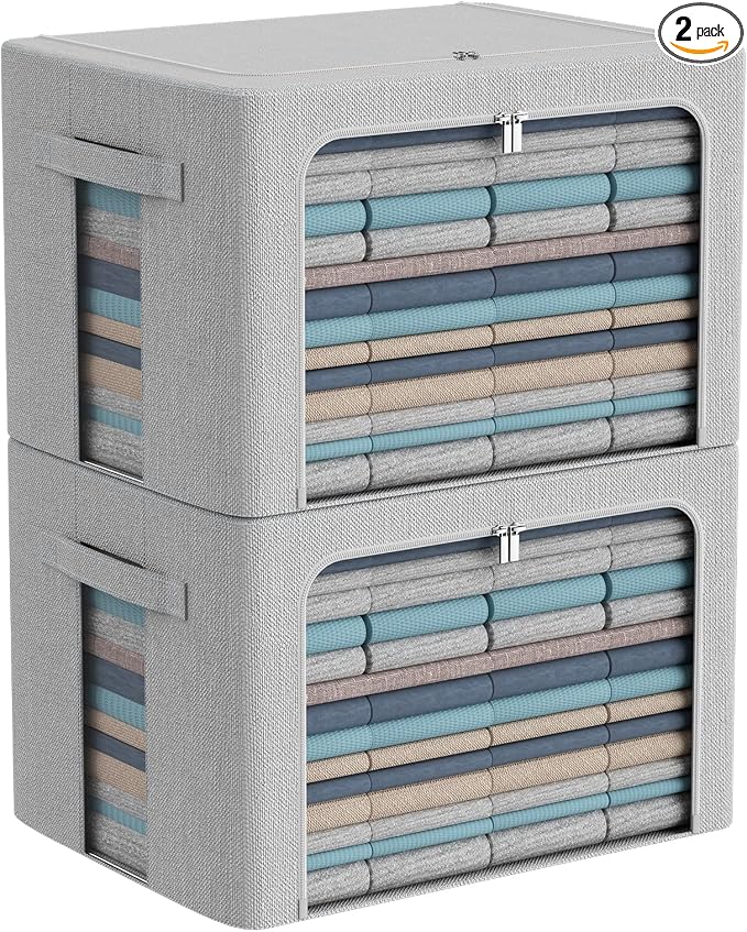 CYhom 2Pack Extra Large Clothes Storage Bins Box - Linen Fabric Foldable Stackable Container Organizer Set with Clear Window & Carry Handles & Metal Frame (Light Grey, Extra Large-100L) by CYhom