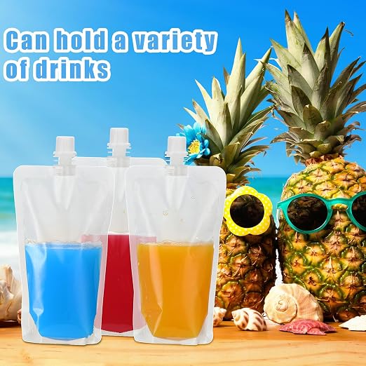 Patelai 300 Pieces Plastic Liquid Pouch Reusable Juice Pouches Travel Water Leak Proof Bags Bulk with Collapsible Silicone Funnel for Travel Outdoor (12 oz) - Image 3