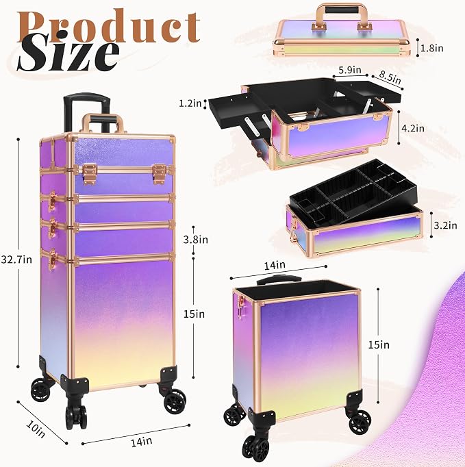 Rolling Makeup Train Case with Lid Cosmetology Case on Wheels | 5 in 1 Large Cosmetic Trolley Organizer Travel for Hairstylist Artist Nail Beauty Salon Barber Cart Trunk, Colorful - Image 4