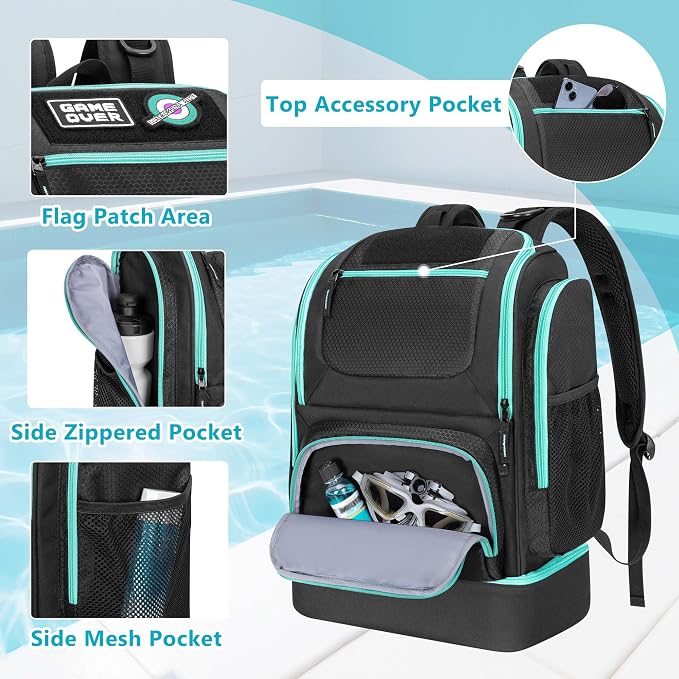 GOBUROS Swim Bag for Swimmers with Shoe Compartment, Swim Backpack for Men and Women, Swimming Bag with Multiple Pockets for Swim Gear Organization, Black - Image 3