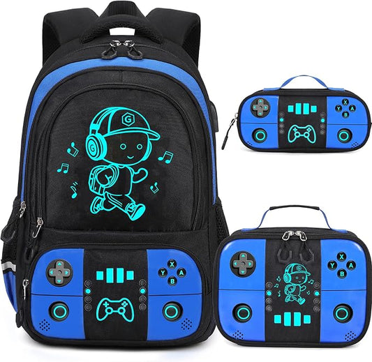 Bevalsa Backpack for School Boys, Cool Luminous Gamer Boys Schoolbag with Lunch Box & Pencil Case Set for Kids Teens Elementary Middle School, Bookbag Glow In The Dark(Blue School Backpack) by Bevalsa