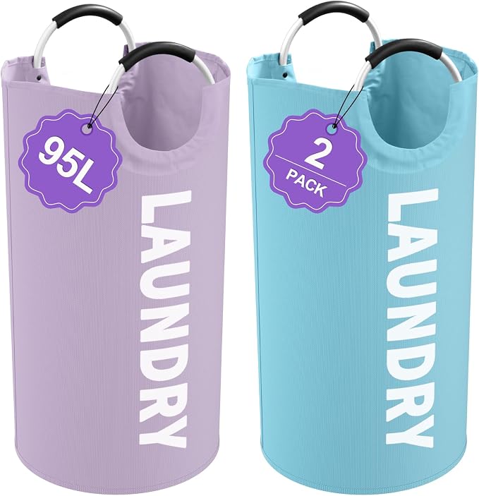 Set of 2 Collapsible Laundry Baskets with Handles, 95L Big Laundry Hampers for Bedroom, Waterproof Clothes Baskets, Independent Dirty Clothes Hamper for Travel, Nursery, Purple/Blue by IHOMAGIC