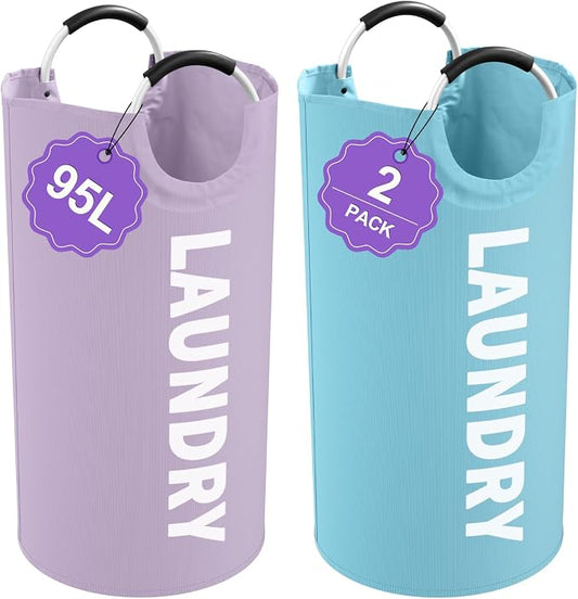 Set of 2 Collapsible Laundry Baskets with Handles, 95L Big Laundry Hampers for Bedroom, Waterproof Clothes Baskets, Independent Dirty Clothes Hamper for Travel, Nursery, Purple/Blue by IHOMAGIC