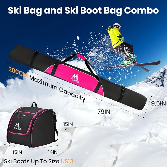 Hsmihair Ski Bag and Ski Boot Bag Combo-Padding Skis Bag for Air Travel,Water Proof Ski Boot Bag Fits for Skis Up to 200 CM and Boots Up To Size US13,Adults Ski Travel Bag - Image 2