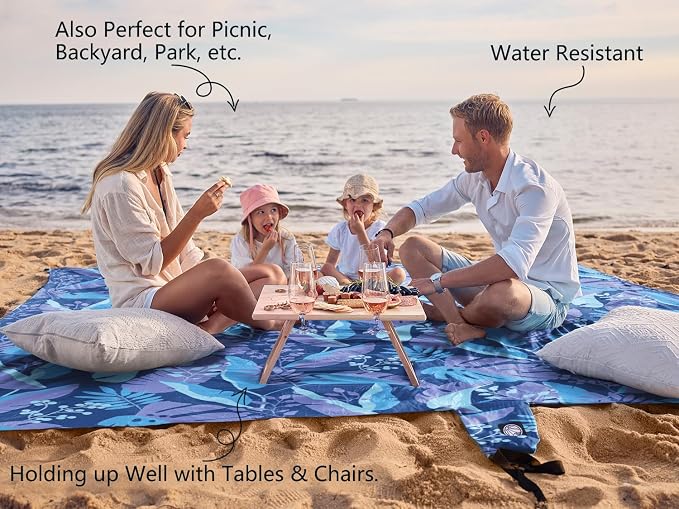 WEKAPO Beach Blanket Waterproof Sandproof Oversized, Extra Large Beach Mat Sand Free, Lightweight & Compact Sand Free Mat with 5 Stakes & 4 Corner Pockets - Image 4