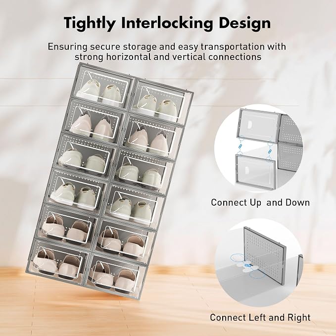Foluck Shoe Storage Box, 15 Pack Clear Plastic Stackable Organizer for Closet, Interlocking Design Shoes Container Bins for Sneakers, Foldable Shoe Rack with Lids, Grey - Image 3