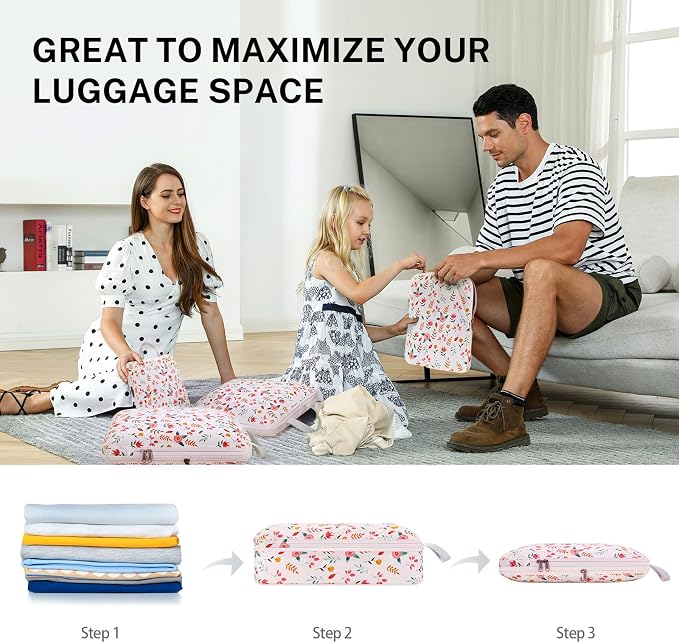 Gonex Compression Packing Cubes, 4pcs Expandable Storage Travel Luggage Bags Organizers (Floral Pink) - Image 5
