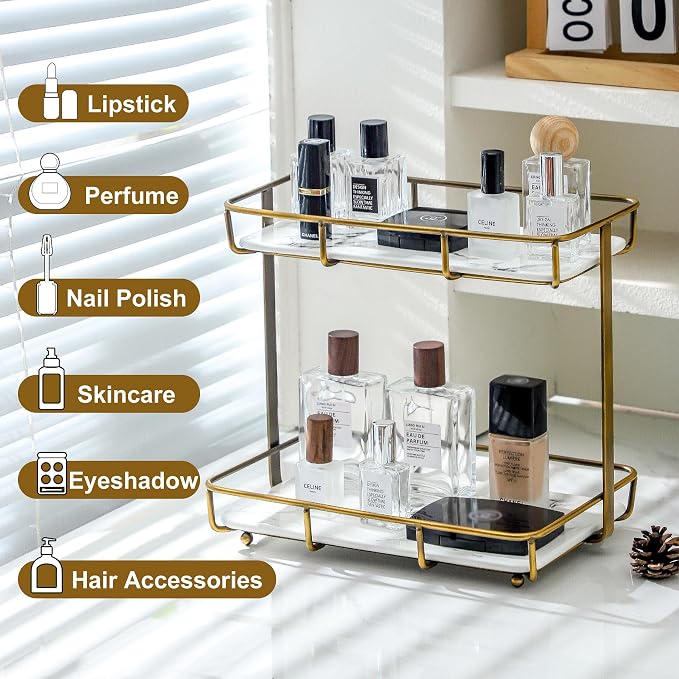 Bathroom Organizer Countertop Perfume Organizer Makeup Organizer Cosmetics Storage Display Rack Vanity Tray Dresser Stainless Steel Gold Shelf White Marble Ceramic Tray - Image 5