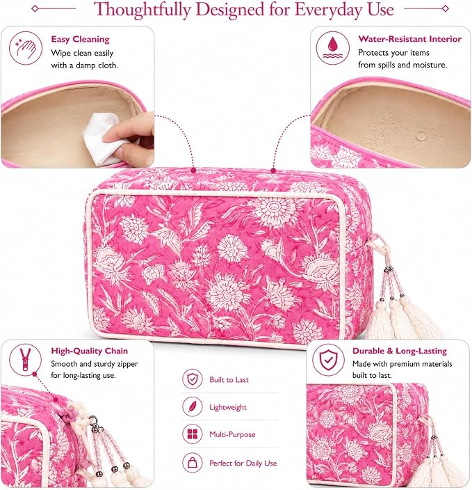 Travel Makeup Bag- Large Capacity Cosmetic Bags for Women - Water Resistance Lining Portable Pouch & Open Toiletry Bag - Perfect Girls Makeup Organizer for Travel Essentials (White & Pink Floral) - Image 3