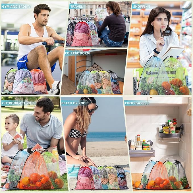 10Pcs Multicolor Mesh Drawstring Bags: Nylon Mesh Laundry Gym Travel Beach Bags with Locking Closure - Image 6