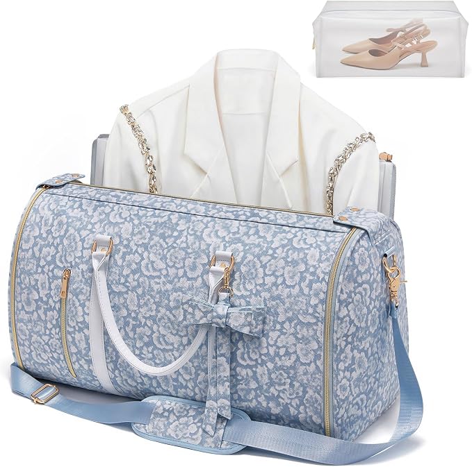 Travel Garment Bag for Women, Foldable Carry On Garment Duffle Bag 20.5x10x12.5 Inch, Convertible Overnight Bags with Shoe & Toiletry Pockets for Business Trip, Vacation, Party, Blue-White - Image 2