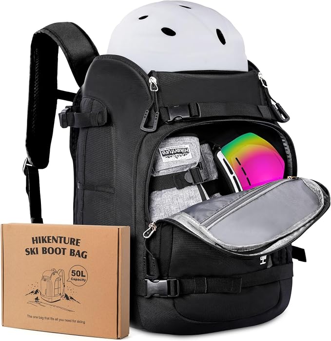 Hikenture Ski Boot Bag Backpack, 50L Padded Ski Bag & Snowboard Boot Bag with Drain Holes, Large Capacity Water-Resistant Ski Travel Bag for Ski Boots, Helmet, Goggles, Clothes, Gloves, Snowboard Gear by HIKENTUREOUTDOOR