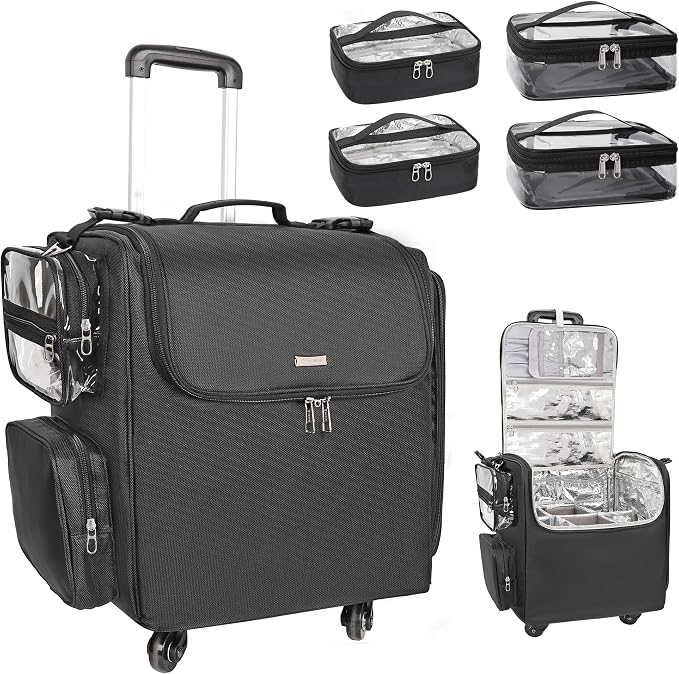Relavel Rolling Makeup Train Case with 4 Pcs Clear Makeup Bags, Hairstylist Traveling Bag with 4 Wheels, Heat Insulation Full Layer, Adjustable Dividers, Hair Tools and Cosmetics Storage Organizer by Relavel