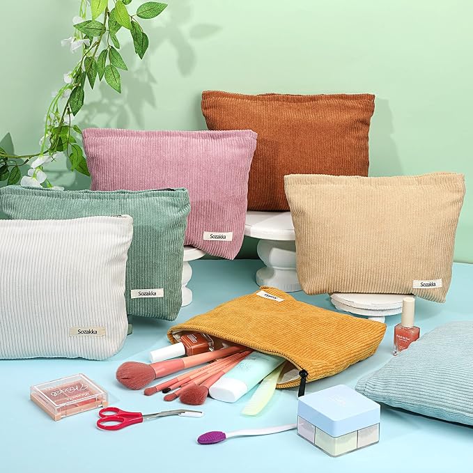 Hillban 12 Pieces Corduroy Makeup Bag Large Cosmetic Bag 10 x 7 Inches Zipper Storage Makeup Pouch Velvet Travel Toiletry Bag Brushes Accessories Organizer Purse for Women Gifts, 12 Colors - Image 4