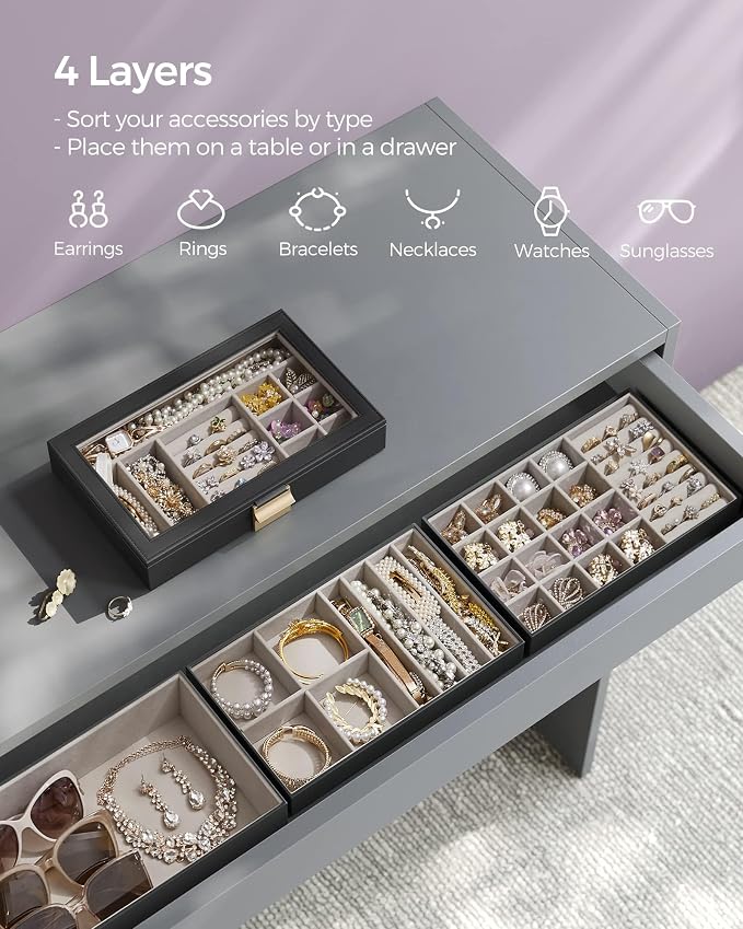SONGMICS GISELLA Collection - Stackable Jewelry Trays, 4-Tier Jewelry Box, Drawer Jewelry Organizer, with Glass Lid, Removable Dividers, 6.7 x 11 x 7.2 Inches, Gift Idea, Ink Black UJBC164B01 - Image 3