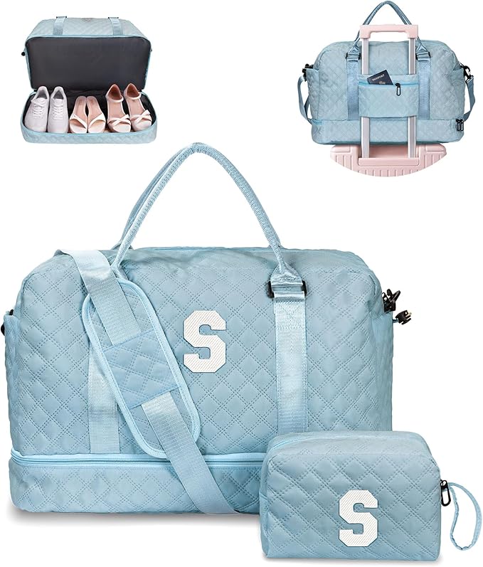Personalized Duffle Bag-Initial, Overnight Weekend Travel, Monogram Letter Daughter Friend Gifts (Letter S) with Shoe Compartment and Makeup Bag by Vogewood