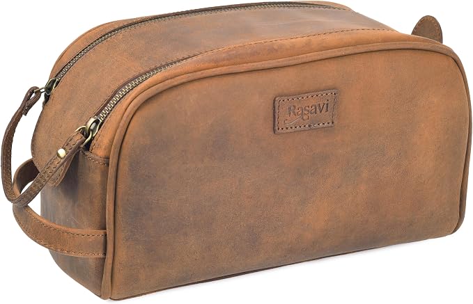 Rasavi Genuine Leather Travel Toiletry Bag, Handcrafted Vintage Water-Resistance Dopp Kit, Large Shaving & Bathroom Organizer - Gift for Men & Women - Distressed Brown - Image 2