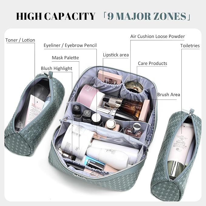 BOYATU Travel Makeup Bag for Women: Four Leaf Clover Large Capacity 3 Pcs Set Cosmetic Bags - Waterproof 50% Extra Space for Toiletry Organizer - Travel Essentials for Fortunate (04 Light Blue) - Image 4