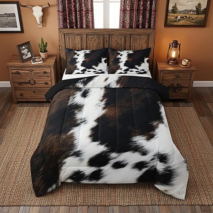 Brown Cowhide Comforter Set King,Black White Aztec Cow Print Bedding Set Western Farmhouse Animal Fur Down Comforter for Kids Boys Girls,Rustic Cowboy Quilt Duvet Set 2 Pillow Cases Bedroom Decor - Image 5