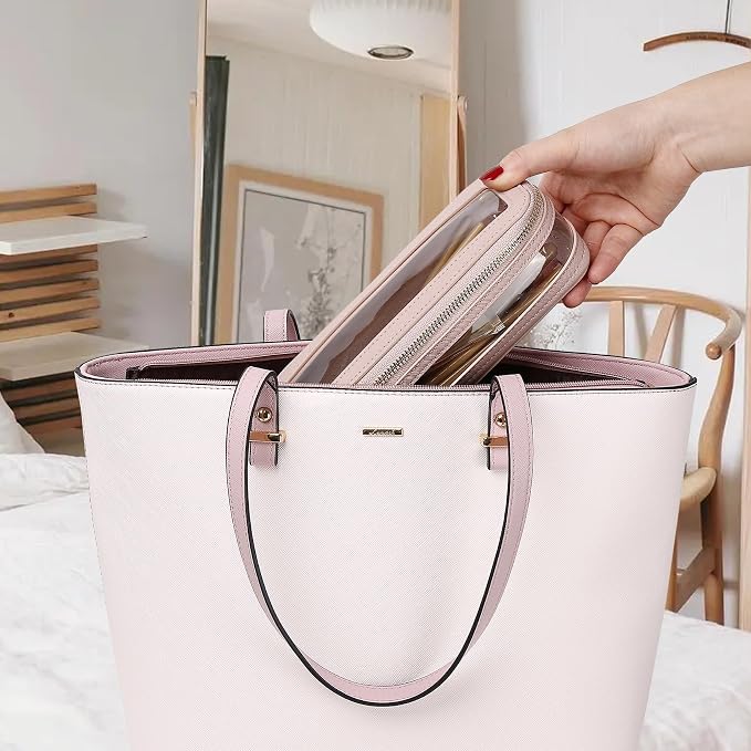 Pinkmik Clear Makeup Bag with Brush Case Travel Toiletry Bag Waterproof Cosmetic Organizer Car Essentials for Women (Pink, M+SLIM-1) - Image 2