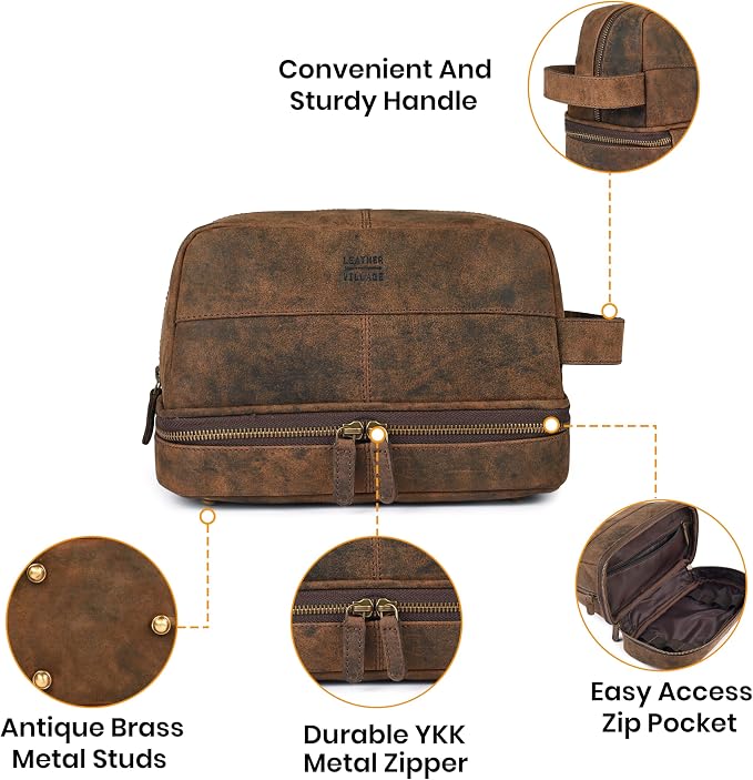LEATHER VILLAGE Genuine Leather Dopp Kit - Travel Bag with Waterproof Lining, Large Capacity Toiletry Bag, Dual-Zip Design for Men & Women, Shaving & Bathroom Essentials Organizer-Rustic Brown - Image 2