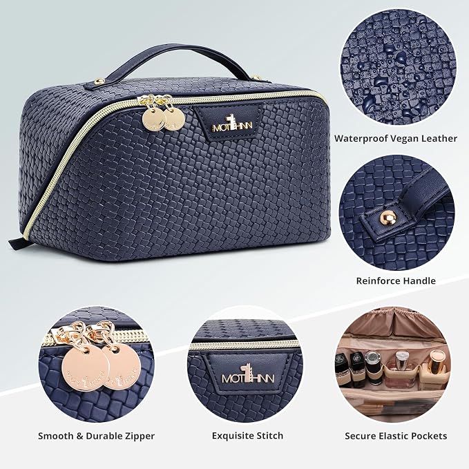 Travel Makeup Bag for Women: 3 Pcs Set Cosmetic Bags for Women - Large Capacity Vagen Leather Hand-made for Toiletry Organizer - Waterproof Ladies Travel Flat Open Essentials for Luxury (02Blue) - Image 4