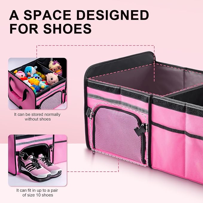 SugarFox Bold Color Block Trunk Organizer | 95L, 35"x13.8"x11.8" | Dedicated Shoe Storage & 26L Ice Pack | Foldable for SUV/Car/Jeep | Stylish Gift & Car Accessories for Men & Women - Pink-X212 - Image 3