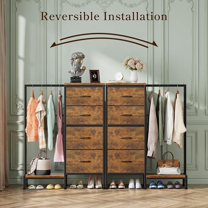 HIGDBFE Tall Dresser 44''H with Hanging Rack, 4 Drawers Small Closet Dresser for Bedroom, Reversible Fabric Chest of Drawers with Clothes Rack, Tall Storage Tower, Sturdy Frame, Rustic Brown - Image 9