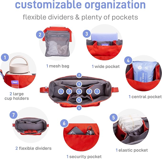 Ubbi Fleuri Anywhere Stroller Organizer, Features Front Zippered Pocket, 2 Cup Holders, Mesh Bag, Fits Most Strollers, Wild Poppy - Image 5