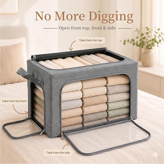 GoMaihe 3 Opening Clothes Storage Bins with Metal Frame, 66L Blanket Storage Organizer for Walk-in Closet Large Storage Boxes with Clear Window for Bedding Winter Clothing 3-Pack Grey - Image 2