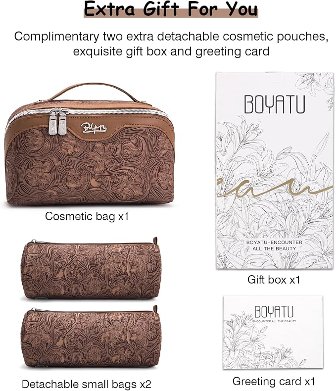 BOYATU Travel Makeup Bags Cosmetic Organizer Bag: 3 Pcs Set Large Capacity Floral Make up Bag with Compartments - Waterproof Leather Toiletry Bags with Handle for Women (19-Brown) - Image 7