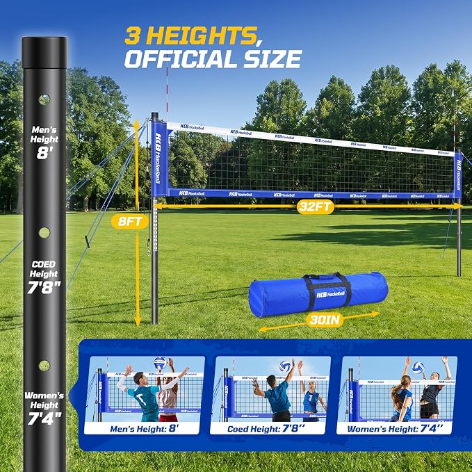 Haokelball Outdoor Volleyball Net Set for Backyard, 32FT Regulation, 3-Level Adjustable Height & Anti-Sag Tension System, Heavy Duty Thick Poles, Includes Volleyball, Pump, Boundary Line and Carry Bag - Image 3