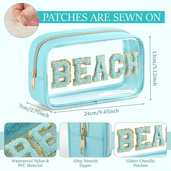 Kacctyen 10 Pcs Beach Clear Makeup Bags with Zipper in 5 Assorted Colors, Chenille Letter Sunscreen Bags Bulk, Waterproof Clear Toiletry Bag for Women Beach Pool Trip & Summer Birthday Party Favors - Image 2