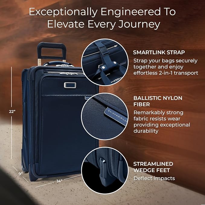Briggs & Riley Essential 22" 2-Wheel Expandable Carry On - Luggage for Travel, Suitcases with Wheels, Softside Rolling Bag for Men & Women, Self-Repairing Zipper - Baseline Collection, Navy - Image 2
