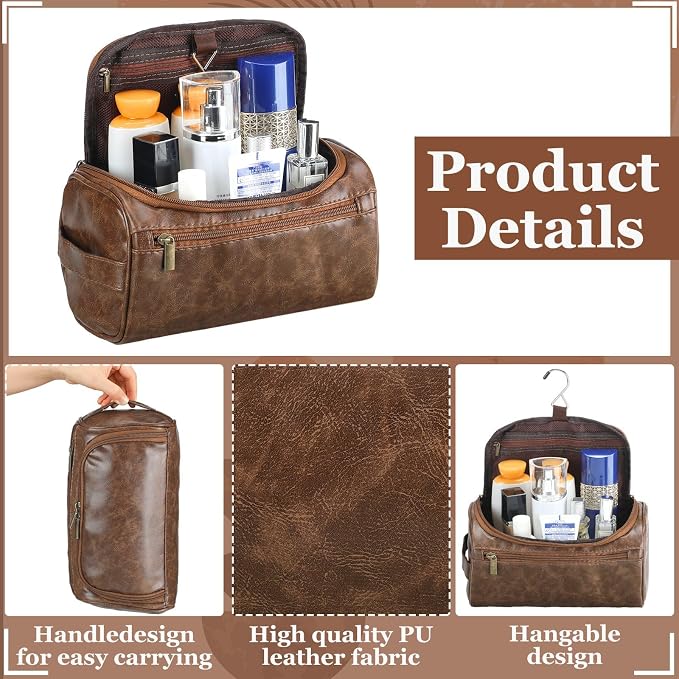 Aliceset 6 Pcs Groomsmen Gift Groomsmen Toiletry Bags Set of 6 Leather Toiletry Bag for Men with Hook Leather Wedding Proposal Bag with Side Handle Father Gift(Dark Brown) - Image 3