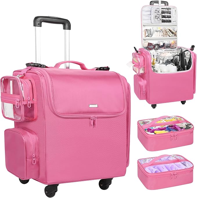 Relavel Rolling Makeup Train Case, Hairstylist Traveling Bag with 4 Wheels, Heat Insulation Full Layer, Adjustable Dividers, Hair Tools and Cosmetics Storage Organizer Trolley Suitcase, Rose Pink by Relavel