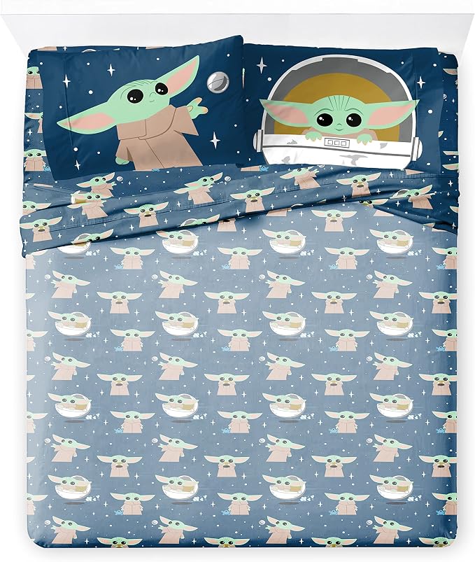Jay Franco Kids Sheet Set with Fitted, Flat Sheets & Pillow Cover - Ultra-Soft Bedding with Pillowcase for Room Decor, Blue - Star Wars Mandalorian, 4 Piece Queen - Image 2