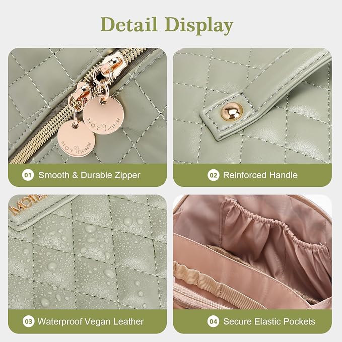 Travel Makeup Bags Cosmetic Organizer: 3Pcs Set Puffy Make up Bag for Women | Green Premium Quilted ELEGANCE Design | Large Capacity Leather Toiletry Bags | Wide Open Compact Case for Travel Essentials - Image 6