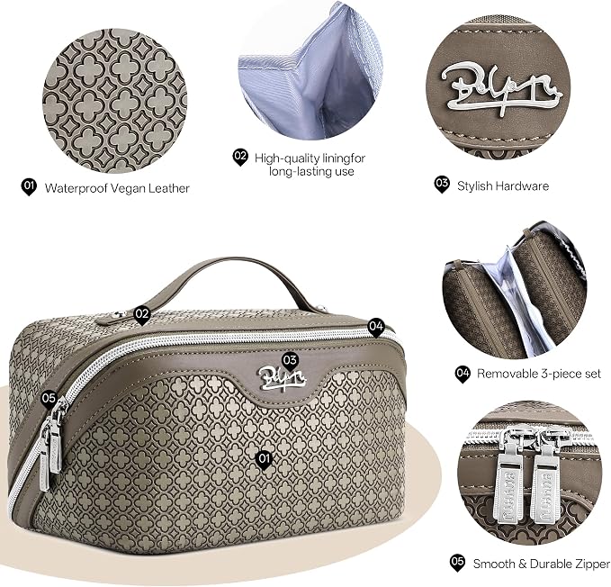 BOYATU Travel Makeup Bag for Women: Four Leaf Clover Large Capacity 3 Pcs Set Cosmetic Bags - Waterproof 50% Extra Space for Toiletry Organizer - Travel Essentials for Fortunate (07 Khaki) - Image 3
