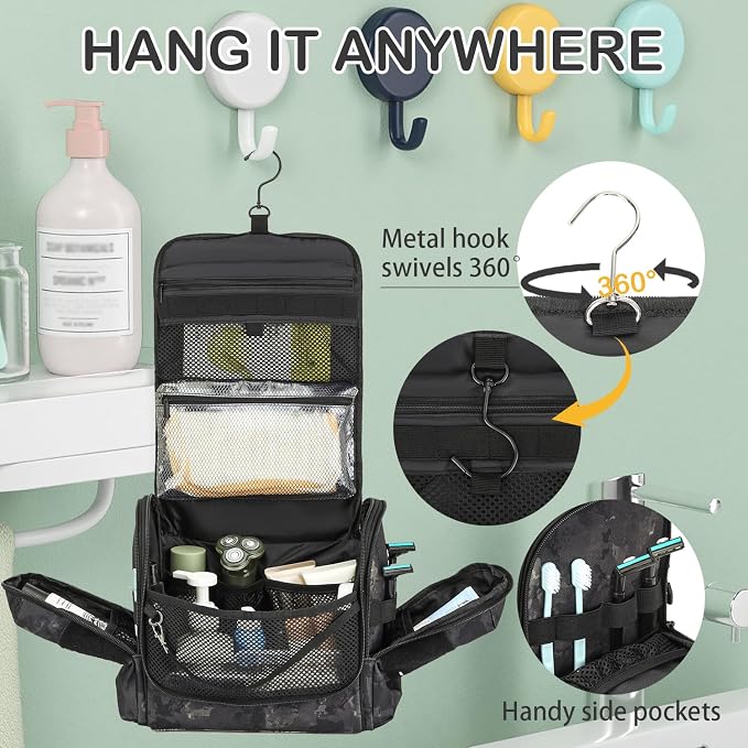 Toiletry Bag for Men - Hanging Dropp Kit Mens Toiletry Travel Bag for Toiletries, Traveling & Shaving Kit, Hygiene Bag Shower Bathroom Organizer with Handle & Swivel Hook, CM Black - Image 3