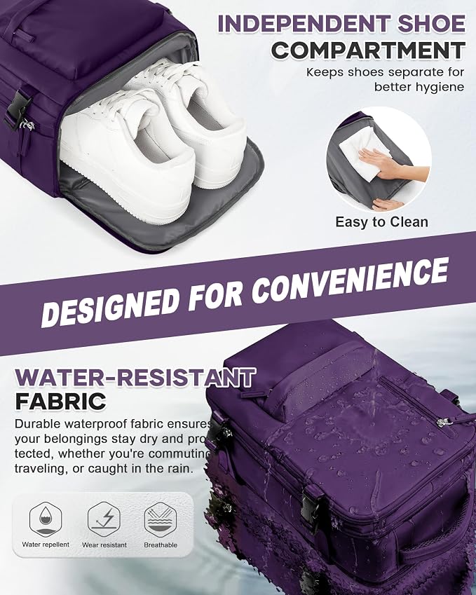 WONHOX Large Travel Backpack Women,Carry On Laptop Backpack Flight Approved,Mochila De Viaje Men Hiking Waterproof Rucksack Casual Daypack with Shoes Compartment,Personal Item Travel Bag Dark Purple - Image 3