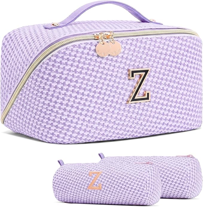 Personalized Gift Travel Makeup Bag: Initial Makeup Organizer Bag for Women | 3-in-1 Custom Make up Bag Set - Vegan Leather Travel Cosmetic Bag - Luxury Gift for Women – Birthday, Anniversary, Graduation by Unknown