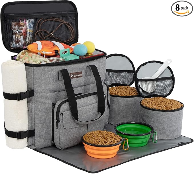 Modoker Dog Travel Organizer with 2 Collapsible Bowls for Supplies & Accessories, Airline Approved Dog Tote Pet Travel Bag with 2 Travel Food Container | Dog travel accessories set with feeding supplies, bowls, mat, and strap. Ideal for weekend trips. by Modoker
