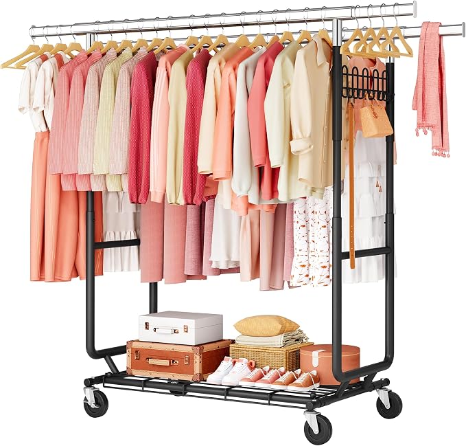 Hoctieon 2-Minute Assembly Double Rod Clothes Rack, Heavy Duty Rolling Clothing Racks with Wheels, Foldable Commercial Garment Rack, Extendable Hanging Bar, Adjustable Metal Pole with Hooks, Black by Hoctieon