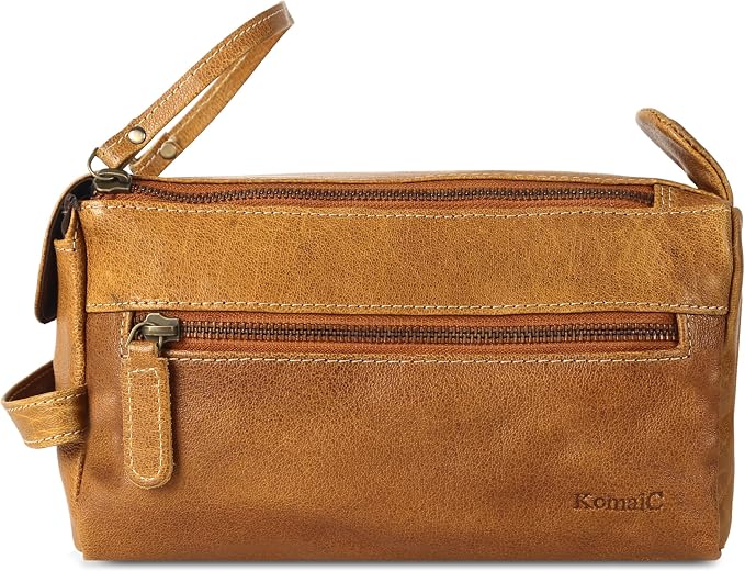KomalC Premium Buffalo Leather Toiletry Bag for Men & Women With Water resistant Lining, Grooming Travel Pouch, Unisex Wash Bag for Toiletries, Gifts for Men and Women - Image 2