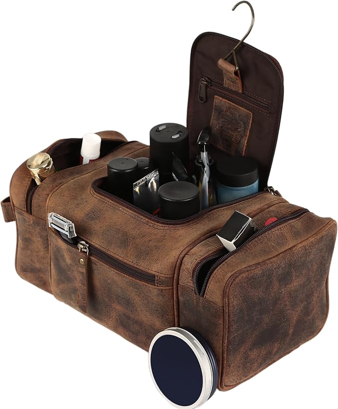KomalC Extra-Large Leather Toiletry Bag for Men & Women – Luxury Travel Dopp Kit with Multi-Compartment Storage, Waterproof Lining & Premium YKK Zippers – Unisex Toiletry & Cosmetic Organizer - Image 6