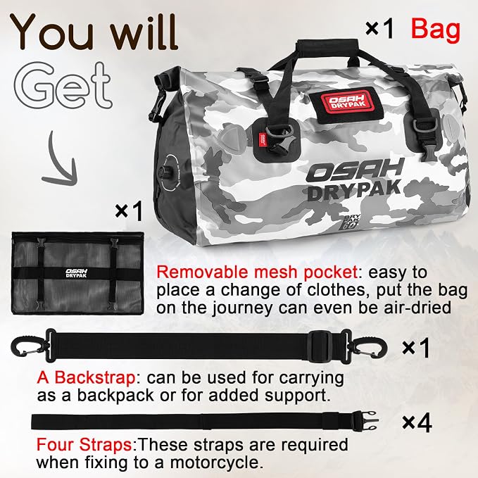 OSAH DRYPAK Waterproof Duffel Bag - Motorcycle Dry Bag Tail Bag with Large Storage Space, Waterproof Luggage Duffle Bags with Outer Mesh Zipper Pocket for Camping, Kayaking, Fishing & Traveling - Image 7